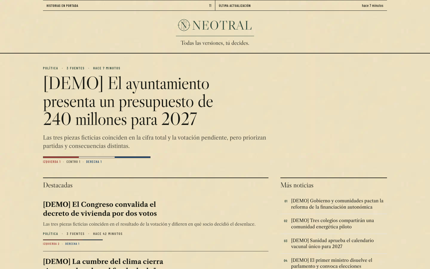 Neotral's Spanish demo comparing news coverage across the political spectrum